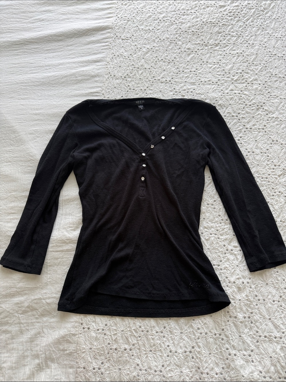 Black Women's V-Neck Diamond Button Detail Top